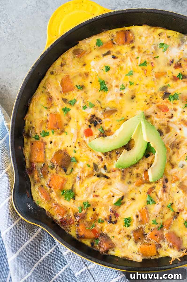 Hearty Turkey and Sweet Potato Frittata 8 close of leftover turkey frittata in skillet