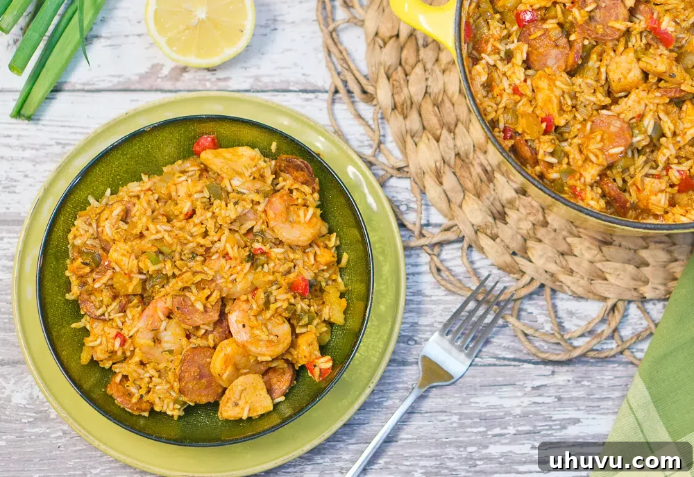 Mastering Jambalaya 10 A inviting bowl of Jambalaya positioned beside a traditional Dutch oven, showcasing its generous serving size.