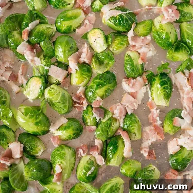 Roasted Brussels sprouts and crispy bacon served fresh from the oven