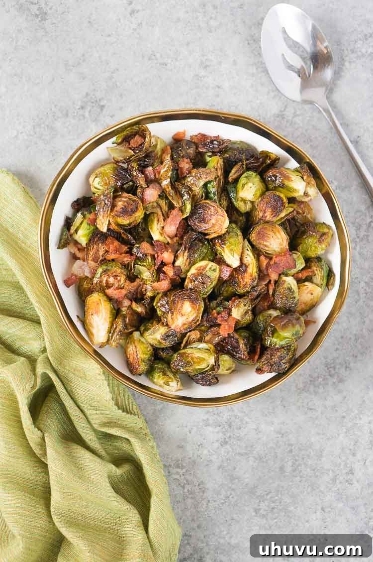 Smoky Bacon Roasted Brussels Sprouts 9 A bowl of keto friendly Brussels sprouts with crispy bacon, ready to be served