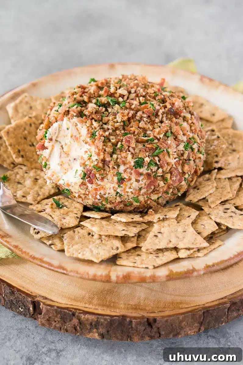 cheese ball with bacon and crackers