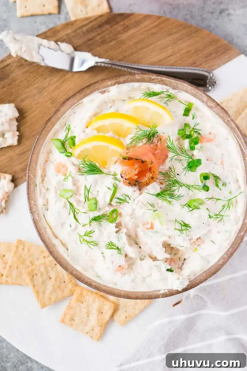 close up shot of smoked salmon cream cheese dip with a cracker