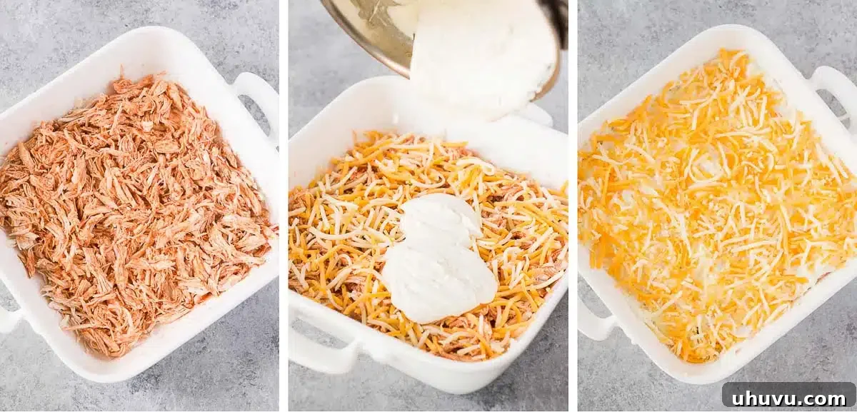 Step-by-step process of making buffalo chicken dip showing ingredients being mixed in a casserole dish before baking