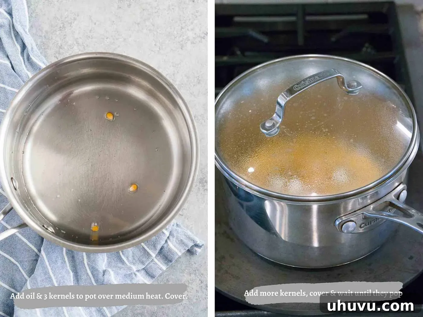 process images of making popcorn on the stove
