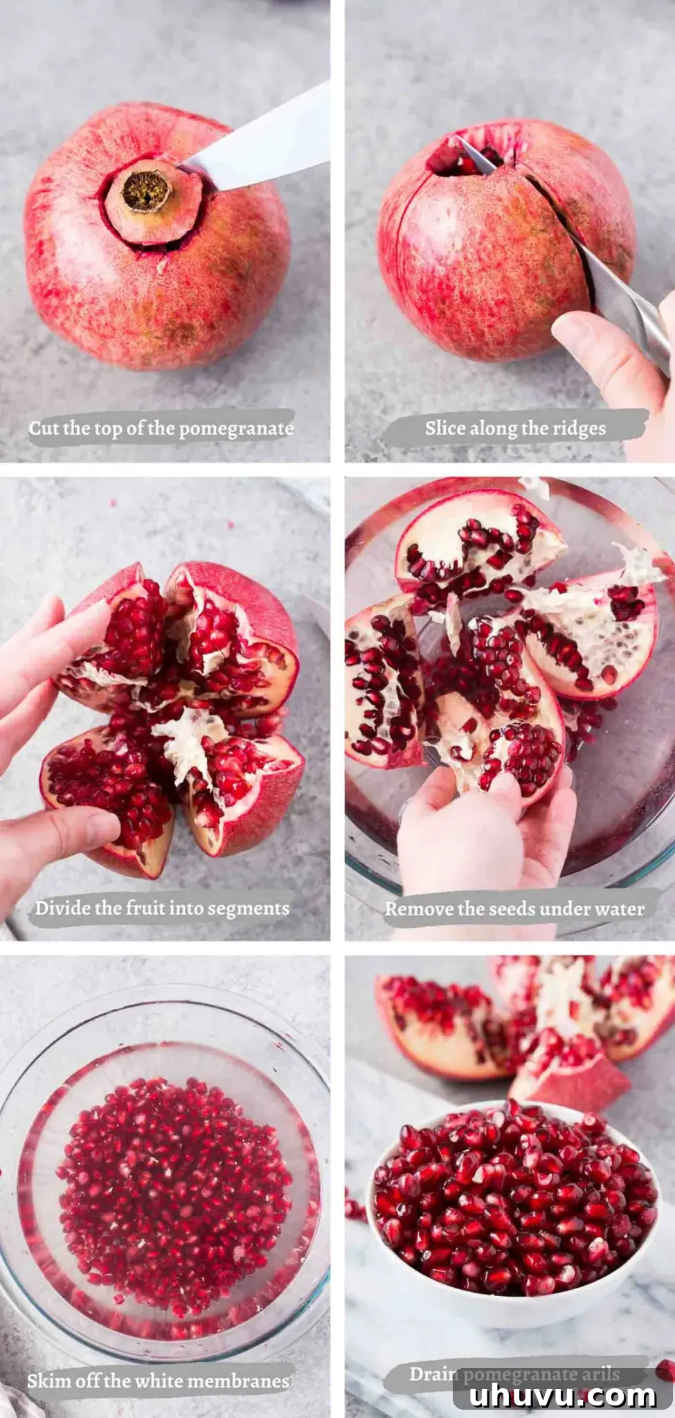 Step-by-step process images illustrating how to cut and deseed a pomegranate using the water method.