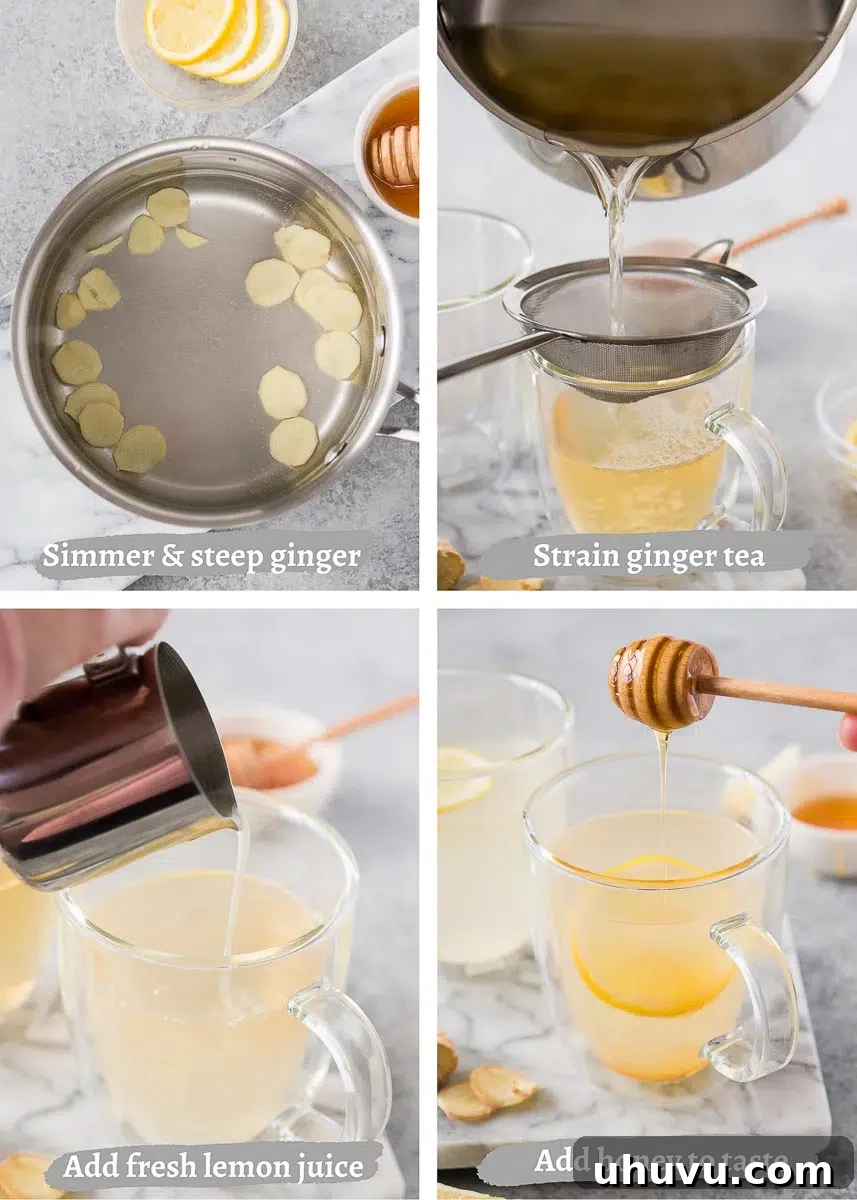 Visual steps showing how to make lemon ginger tea: slicing ginger, simmering in a pot, straining into a cup, and adding lemon.