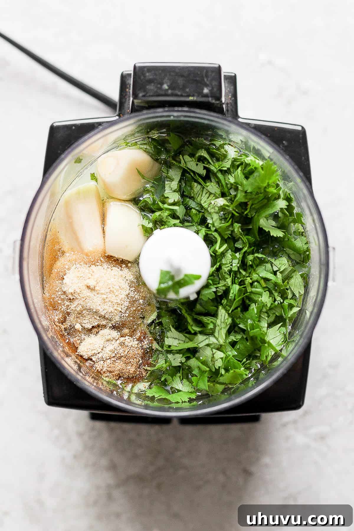 Zesty Cilantro Lime Chicken 5 All fresh ingredients for the marinade, including cilantro, garlic, lime juice, olive oil, and spices, gathered in a food processor, ready for blending.