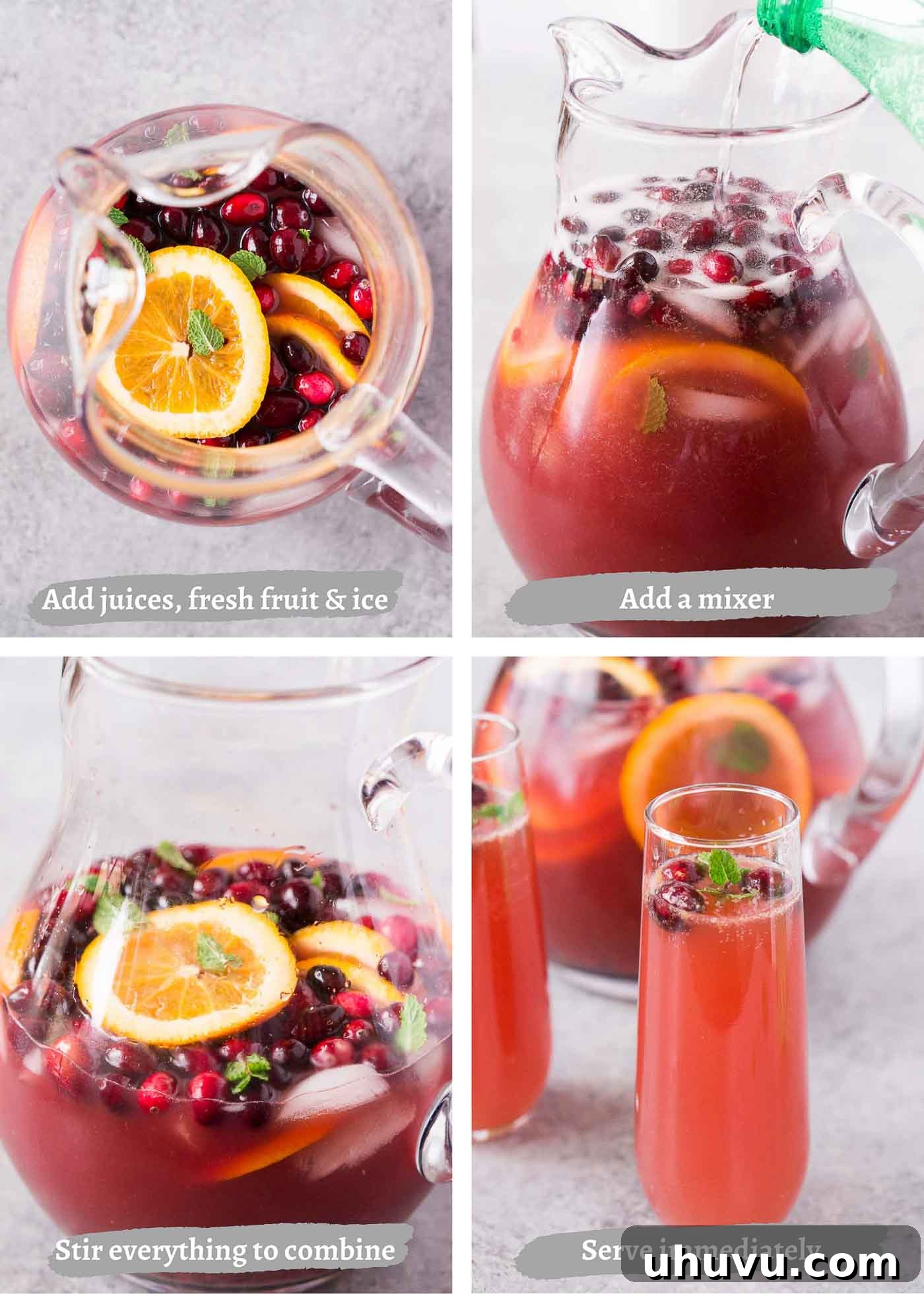 Merry Mixer 4 Process images showing hands combining ingredients in a pitcher to make Christmas punch