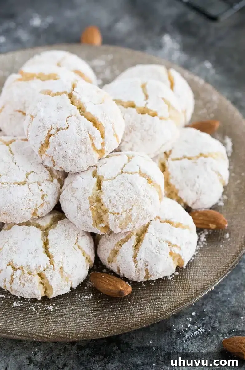 Classic Italian Amaretti 7 A close-up of a single, soft and chewy amaretti cookie on a plate, highlighting its texture.