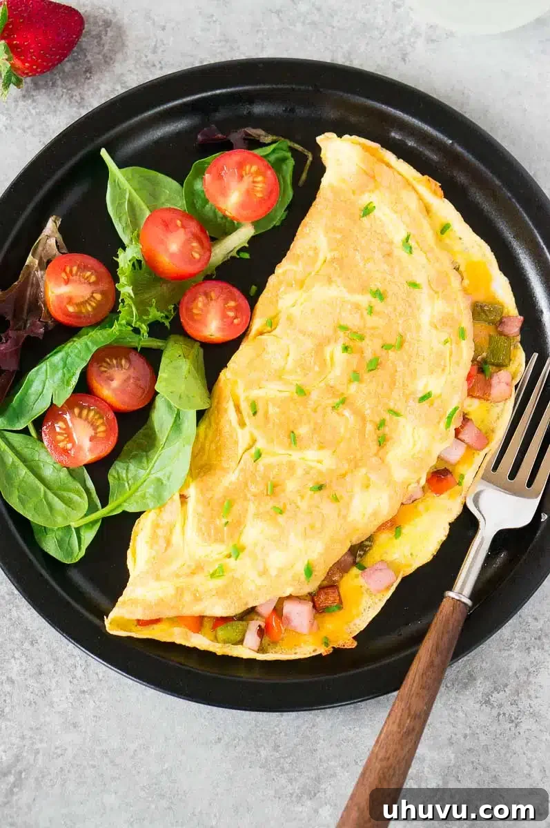 omelet for breakfast & greens on a black plate