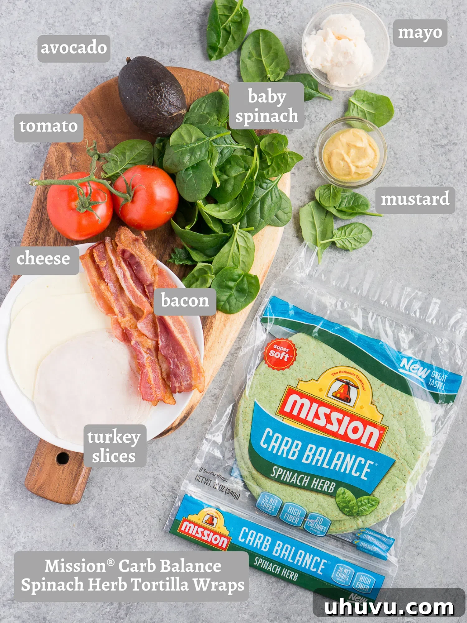 Ingredients laid out for making a turkey club wrap