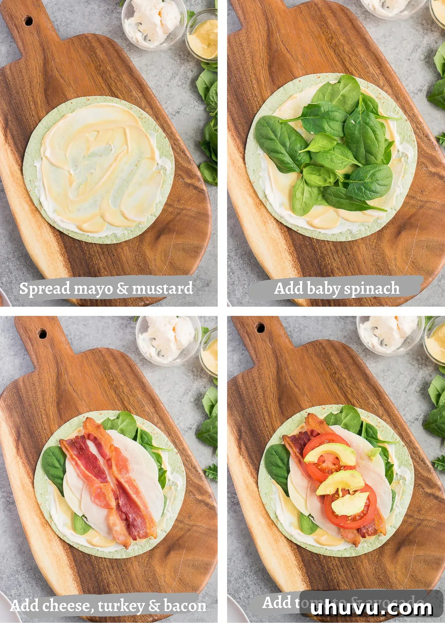 Step-by-step process shots showing how to assemble a turkey club wrap