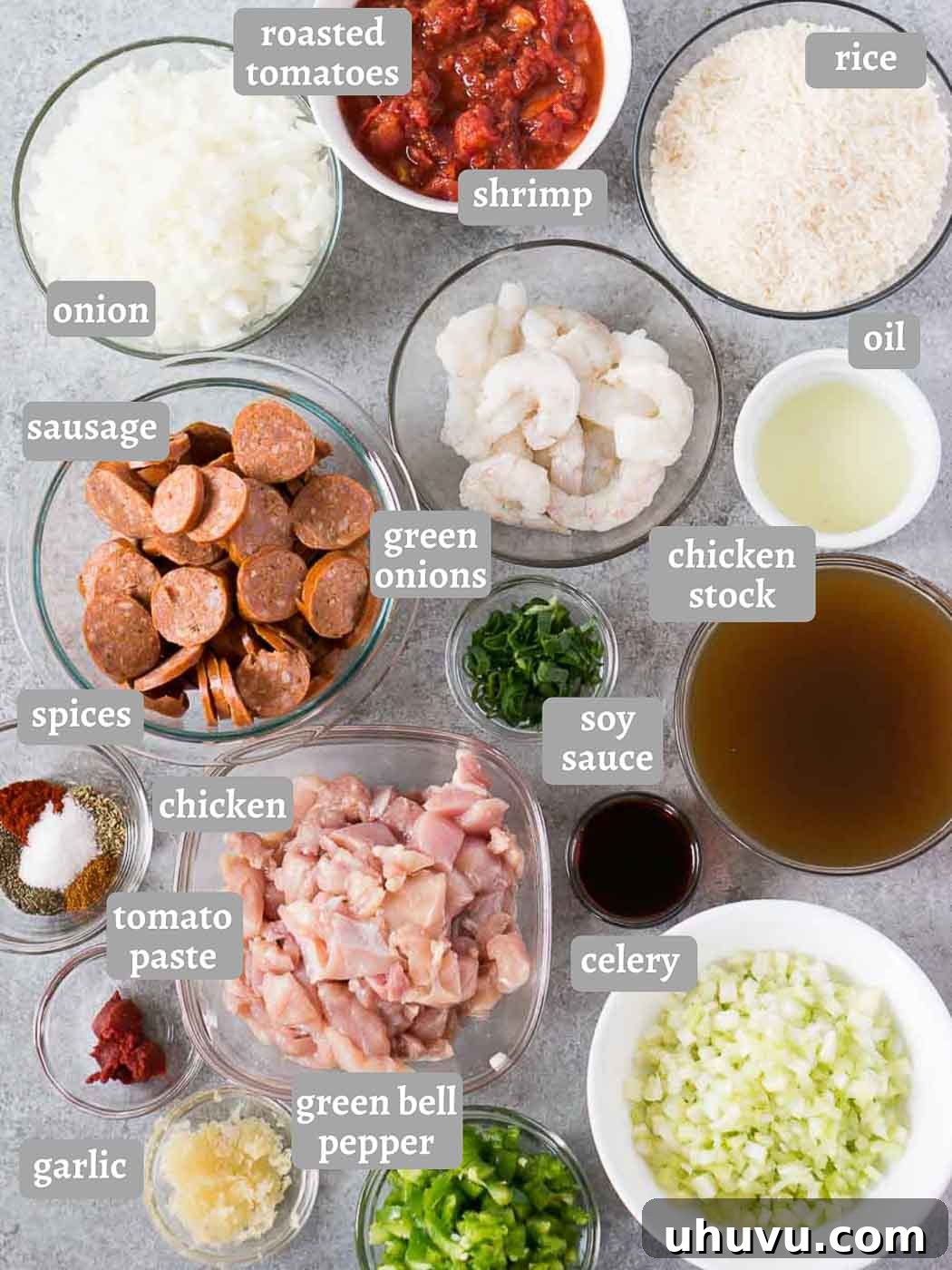 Quick and Easy Instant Pot Jambalaya 4 jambalaya ingredients on a board