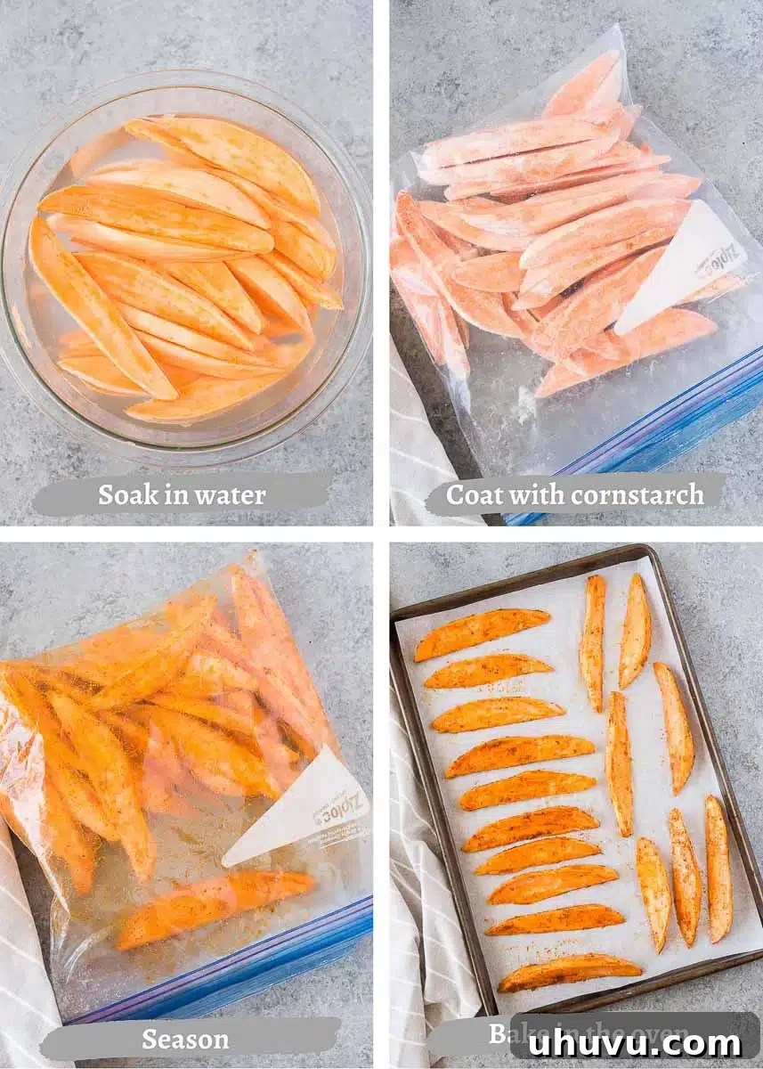 making sweet potato wedges - process shots showing seasoning and baking