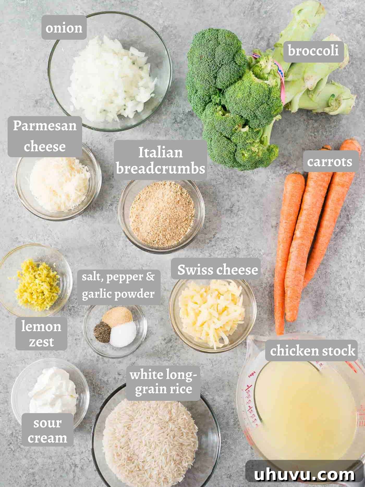 All the fresh ingredients laid out for making the broccoli and rice casserole, including broccoli, rice, cheese, and seasonings