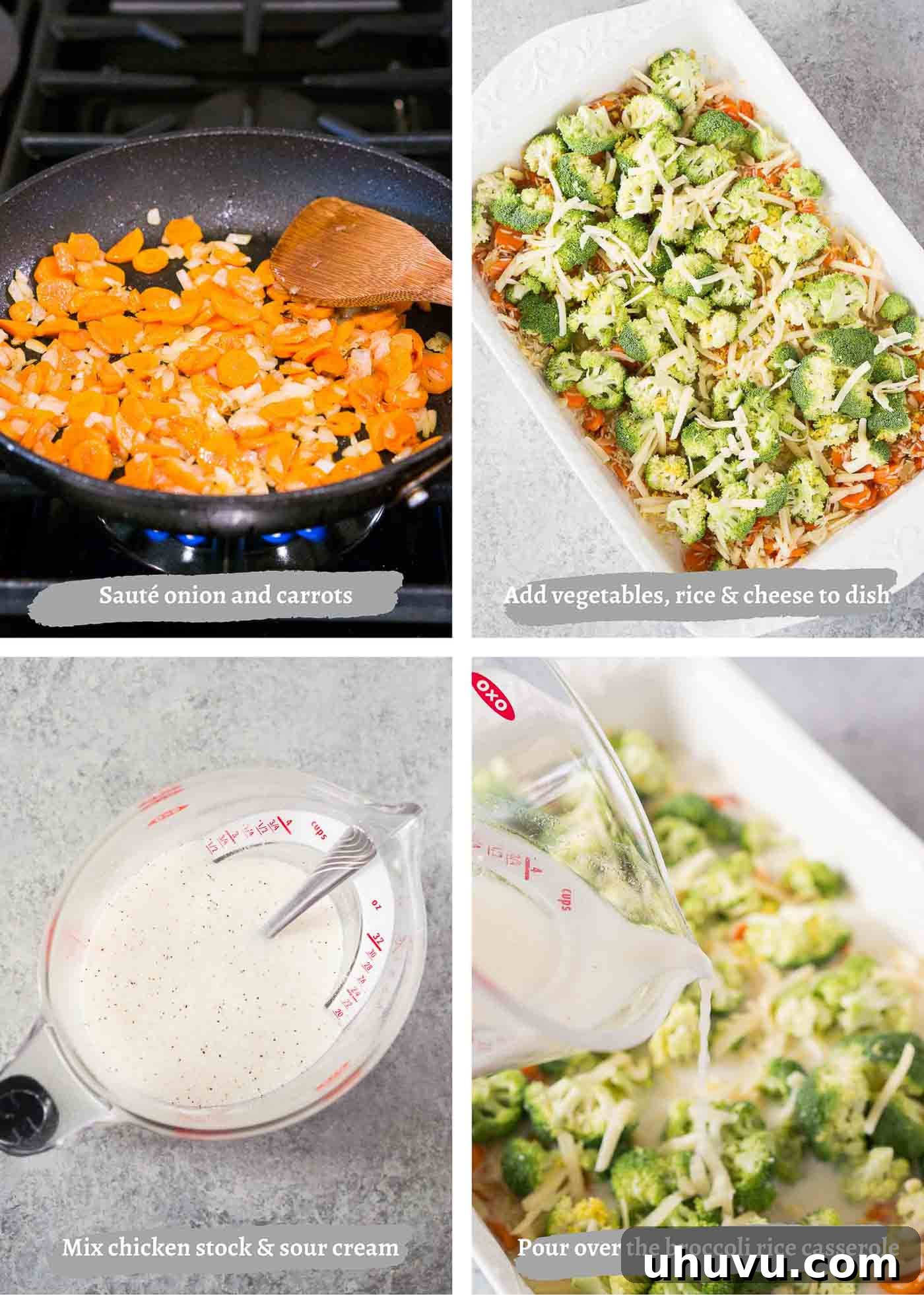 Three process images showing the steps of combining ingredients and preparing the broccoli and cheese rice casserole for baking