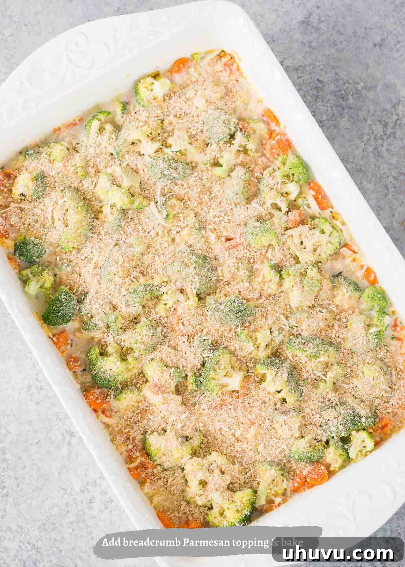 Two process images demonstrating the baking and broiling steps for the perfect golden-brown rice and broccoli casserole