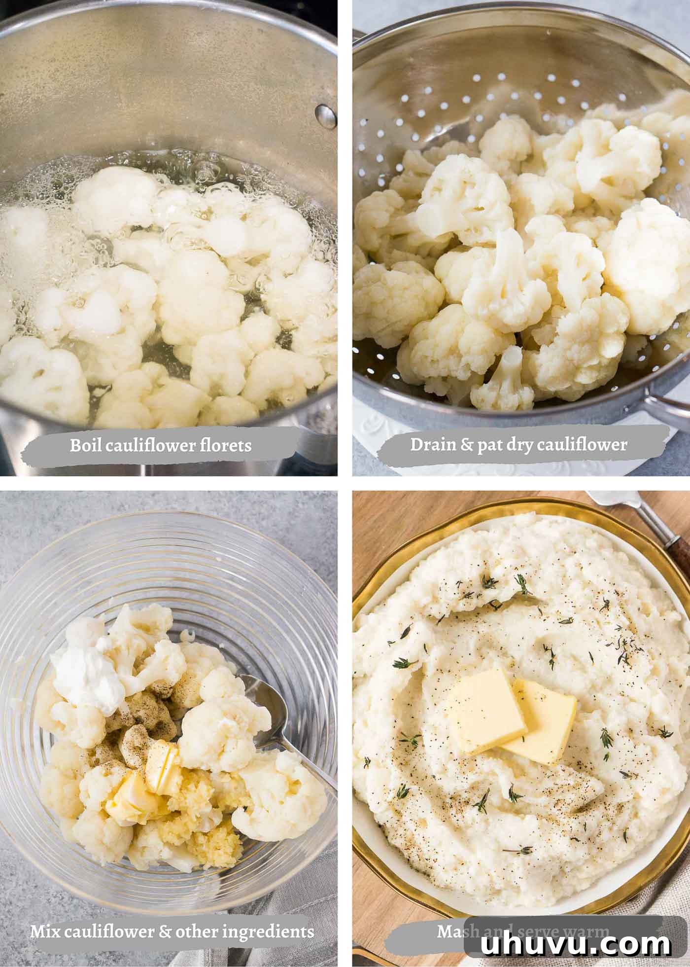 Velvety Cauliflower Puree 5 Step-by-step process images for making fluffy mashed cauliflower from raw florets to a creamy blend.
