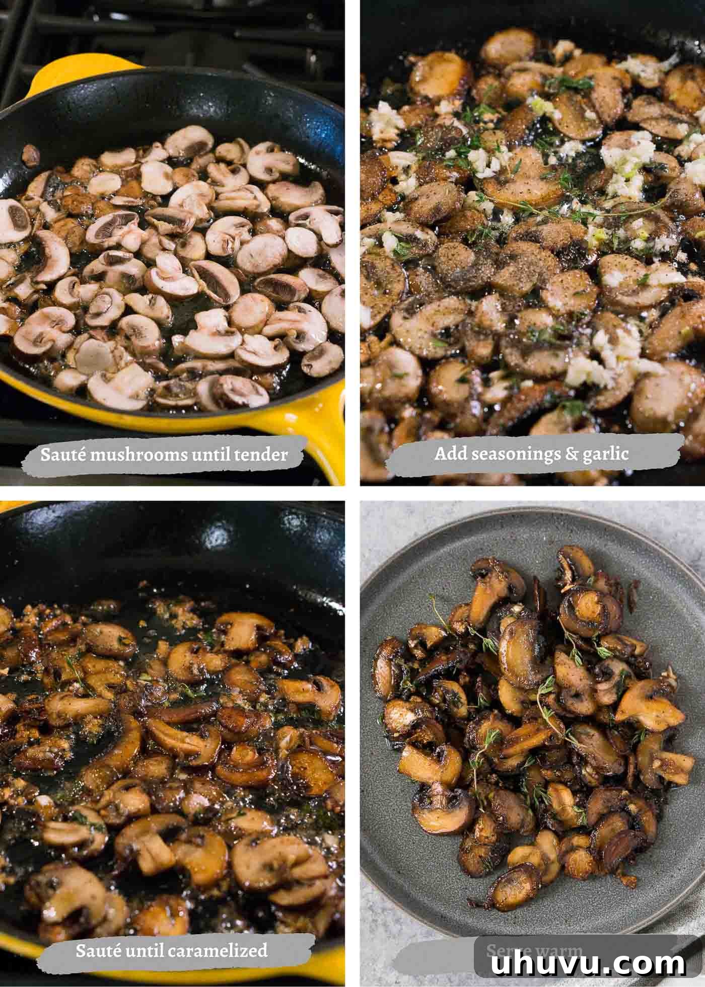 Garlic Butter Mushrooms 5 Four step process shots showing mushrooms cooking and browning in a hot pan