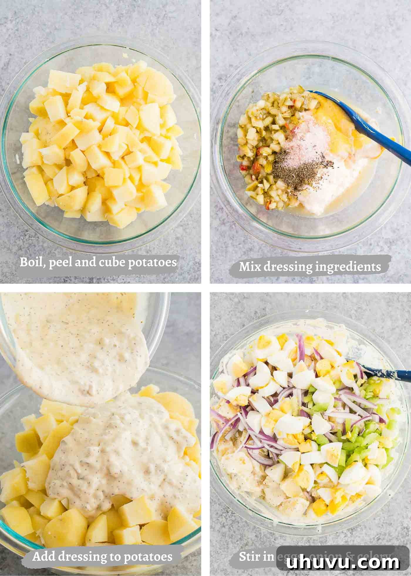 A visual guide showing the steps of making potato salad: boiling potatoes, mixing dressing, combining ingredients, and final presentation.