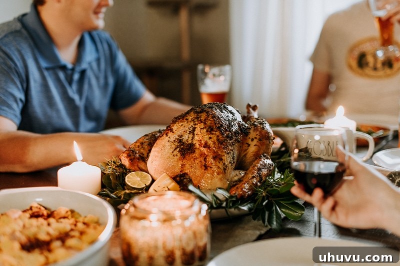 Friendsgiving Fun: Tips, Tricks, and Treats 10 A perfectly roasted Honeysuckle White turkey serving as the magnificent centerpiece of a Friendsgiving feast.