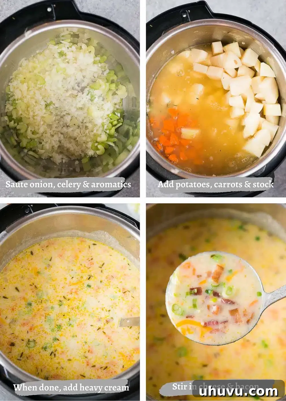 process shots of making potato soup in the instant pot