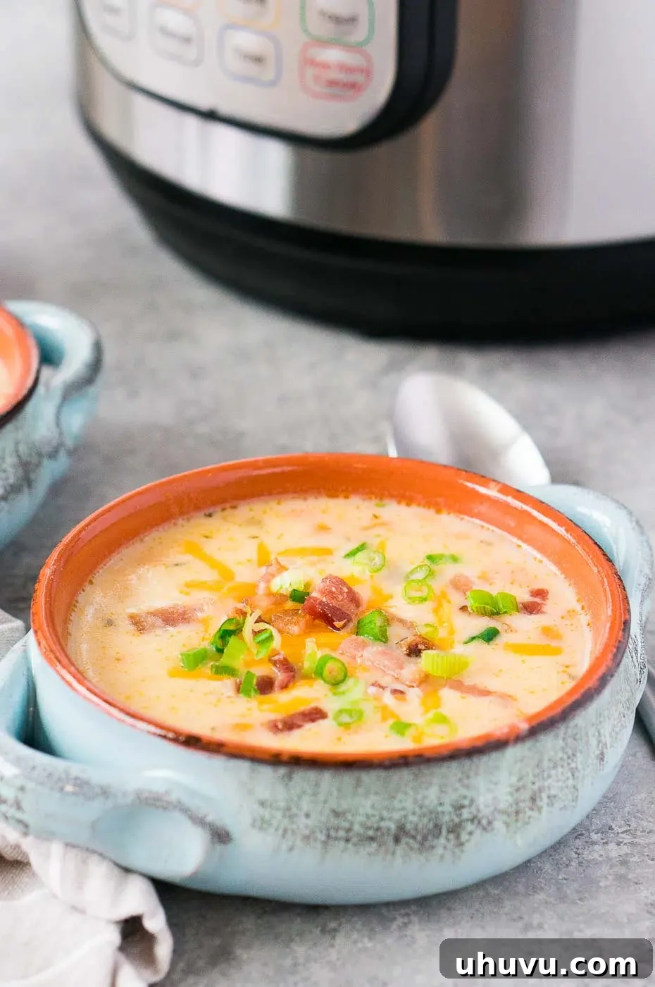 creamy soup in a clay bowl
