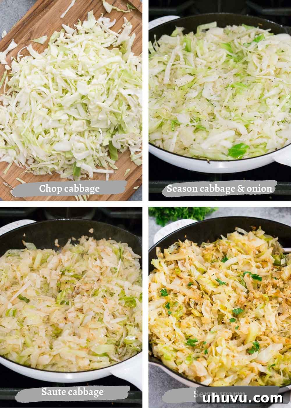 Golden Skillet Cabbage 5 A series of process shots showing cabbage being sautéed in a pan with onion and garlic, from raw to caramelized.
