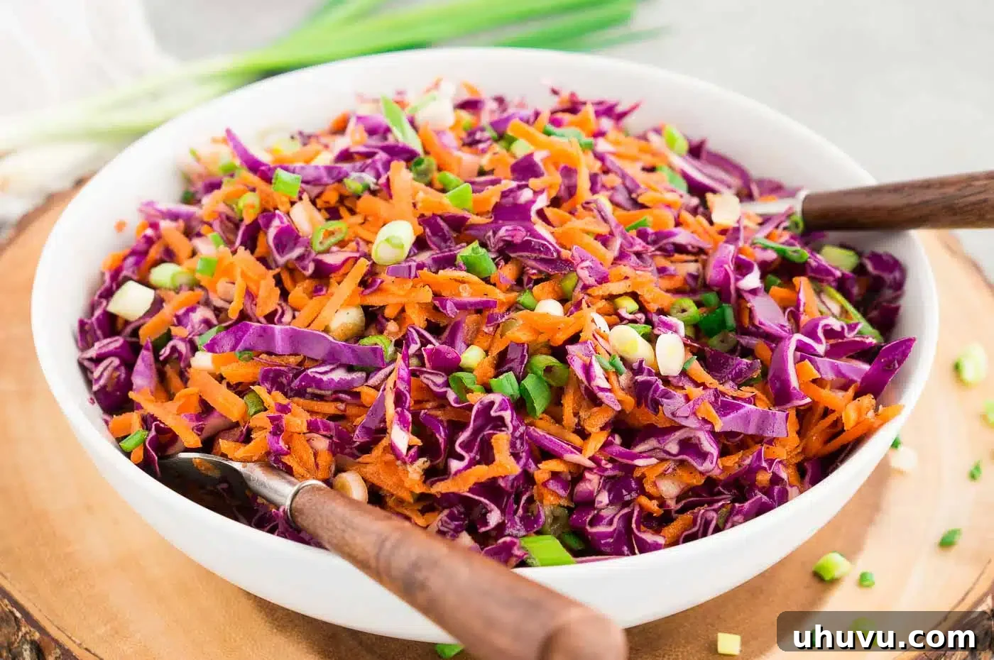 A close-up of a colorful and fresh red cabbage and carrot salad, perfectly dressed and ready to be served in a white bowl.