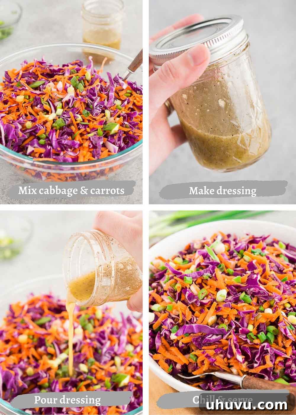 Crimson Cabbage Crunch 5 A sequence of process shots illustrating the steps to make a vibrant purple slaw, from mixing ingredients to final toss.