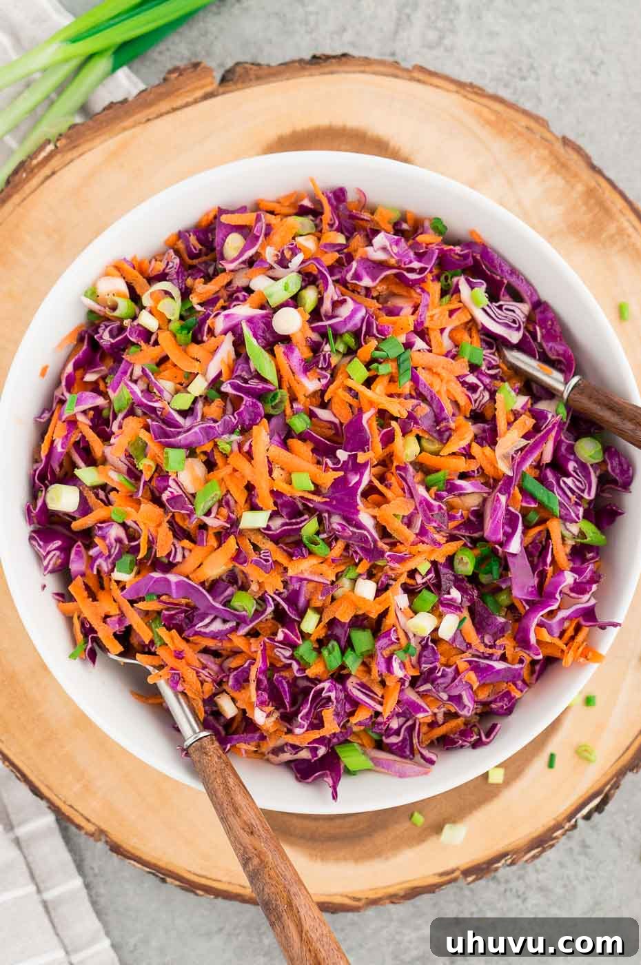 Crimson Cabbage Crunch 7 A beautifully plated bowl of red cabbage and carrot slaw salad, garnished with fresh green herbs, ready to be served.
