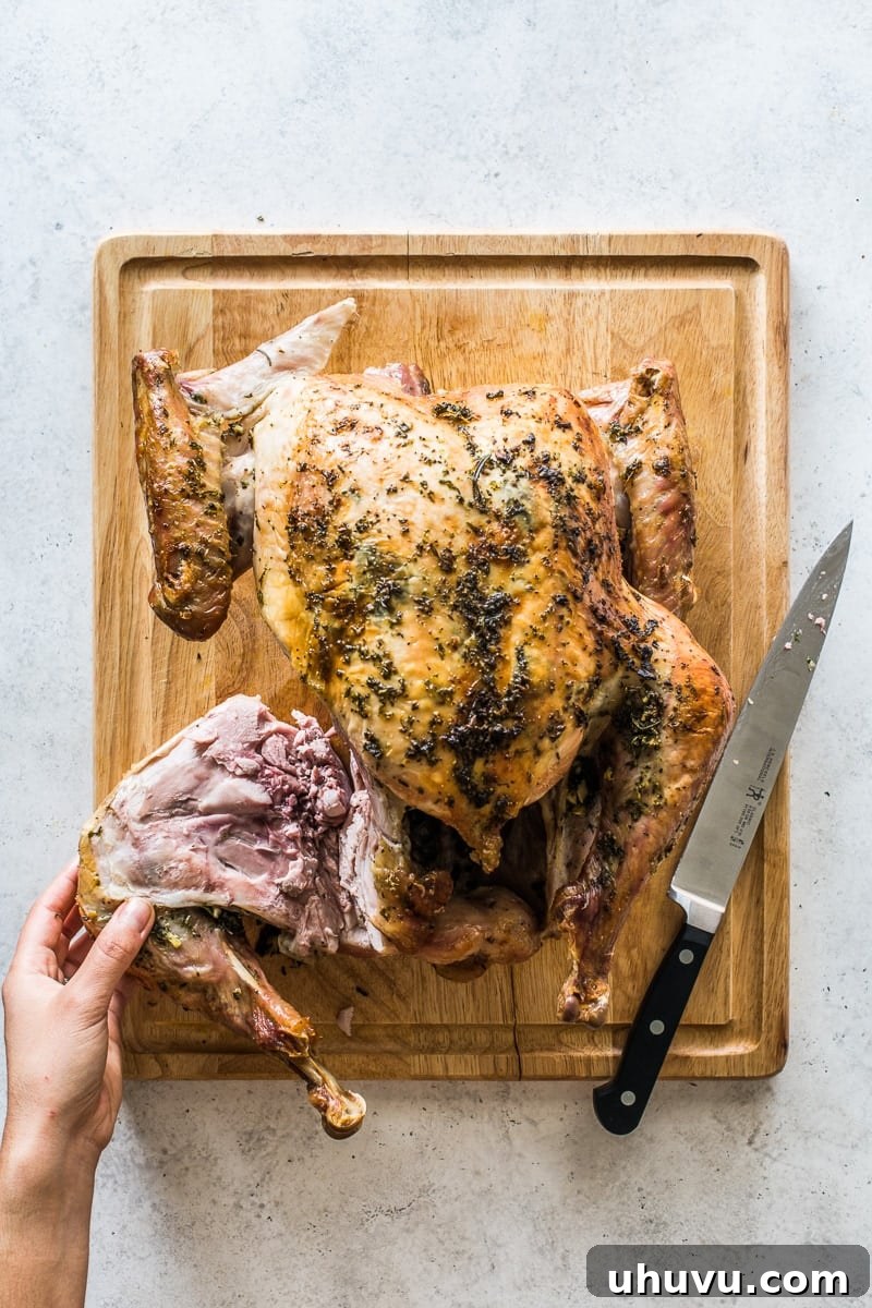 Expertly carving the thigh and leg off a perfectly roasted turkey, showing the initial cut through the skin and joint with a sharp knife.