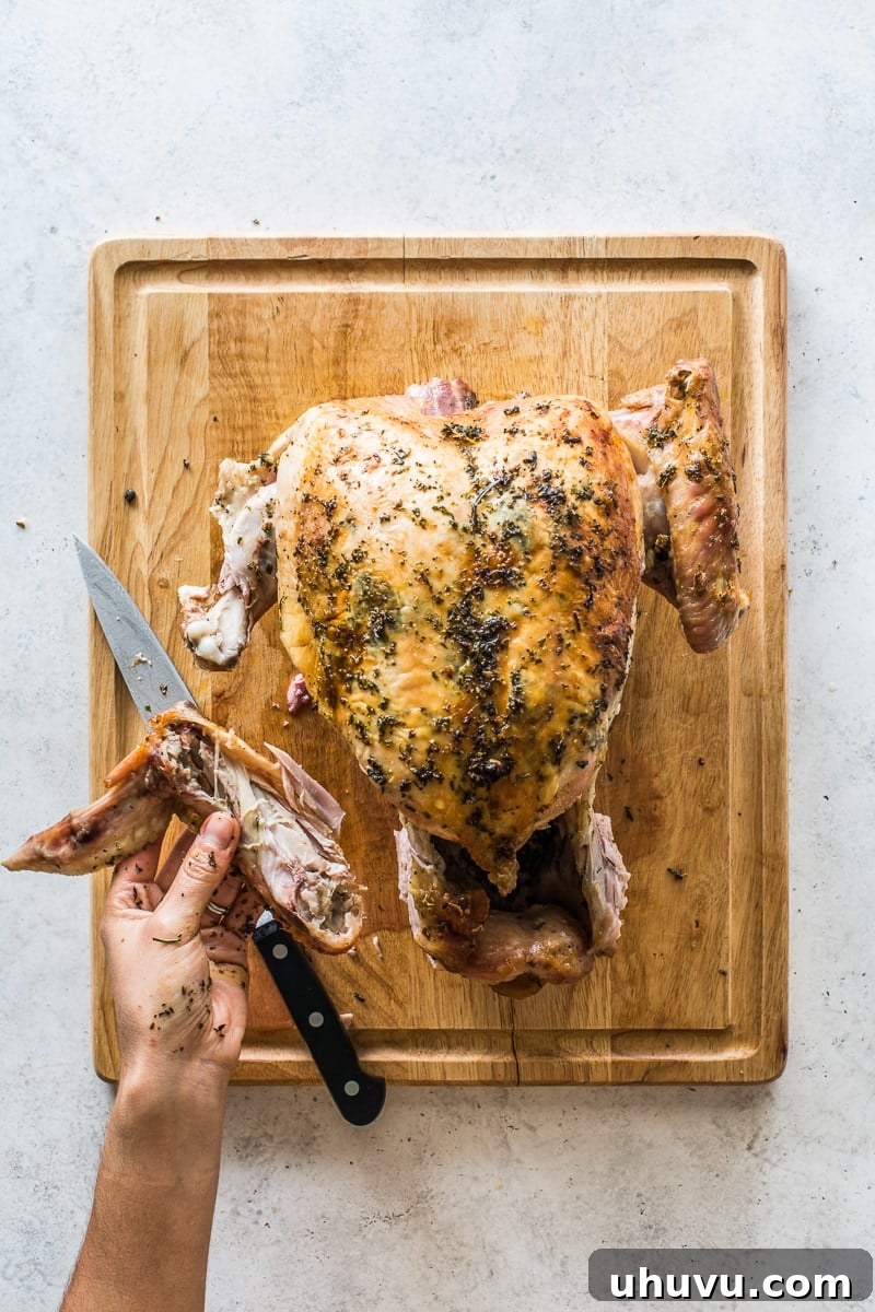Carefully removing the wing flat and tip from a roasted turkey, illustrating how to keep the drumette attached for increased stability during the carving of the main breast.