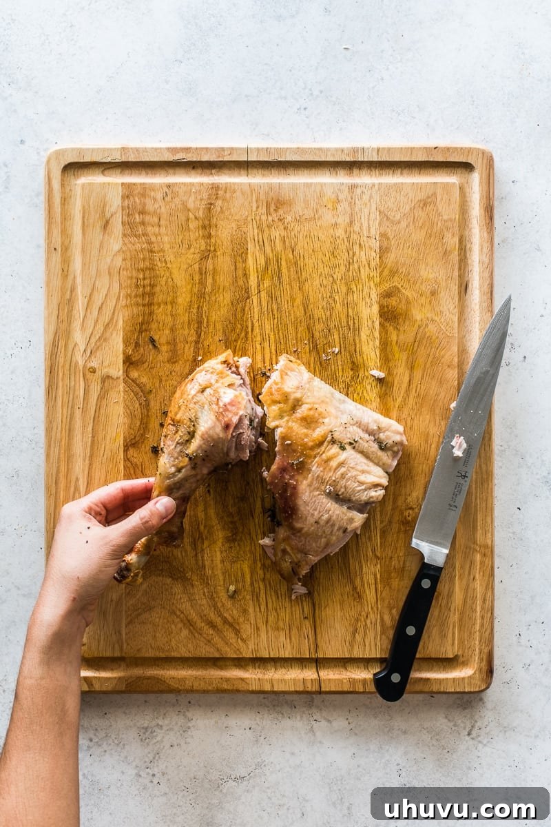 A perfectly separated turkey leg, clearly showing the drumstick detached from the thigh at the joint, ready for individual serving or deboning.
