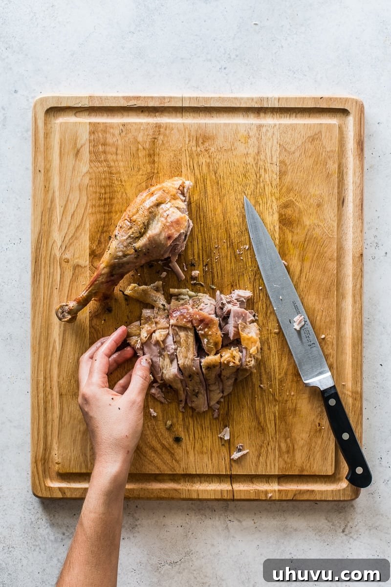 A deboned turkey thigh, expertly sliced against the grain and artfully arranged, showcasing tender and succulent dark meat ready to be enjoyed.
