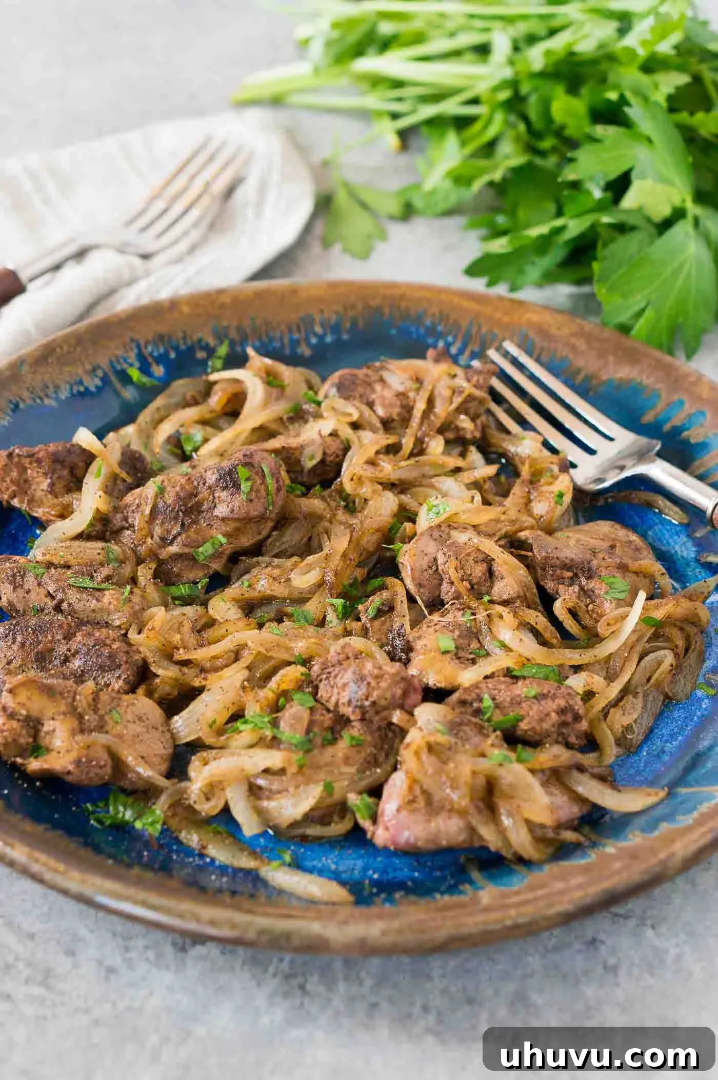 livers and caramelized onions on a plate