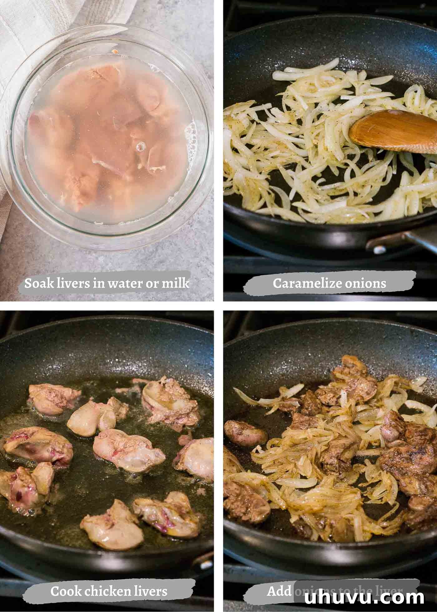 making chicken livers and caramelized onions - process images