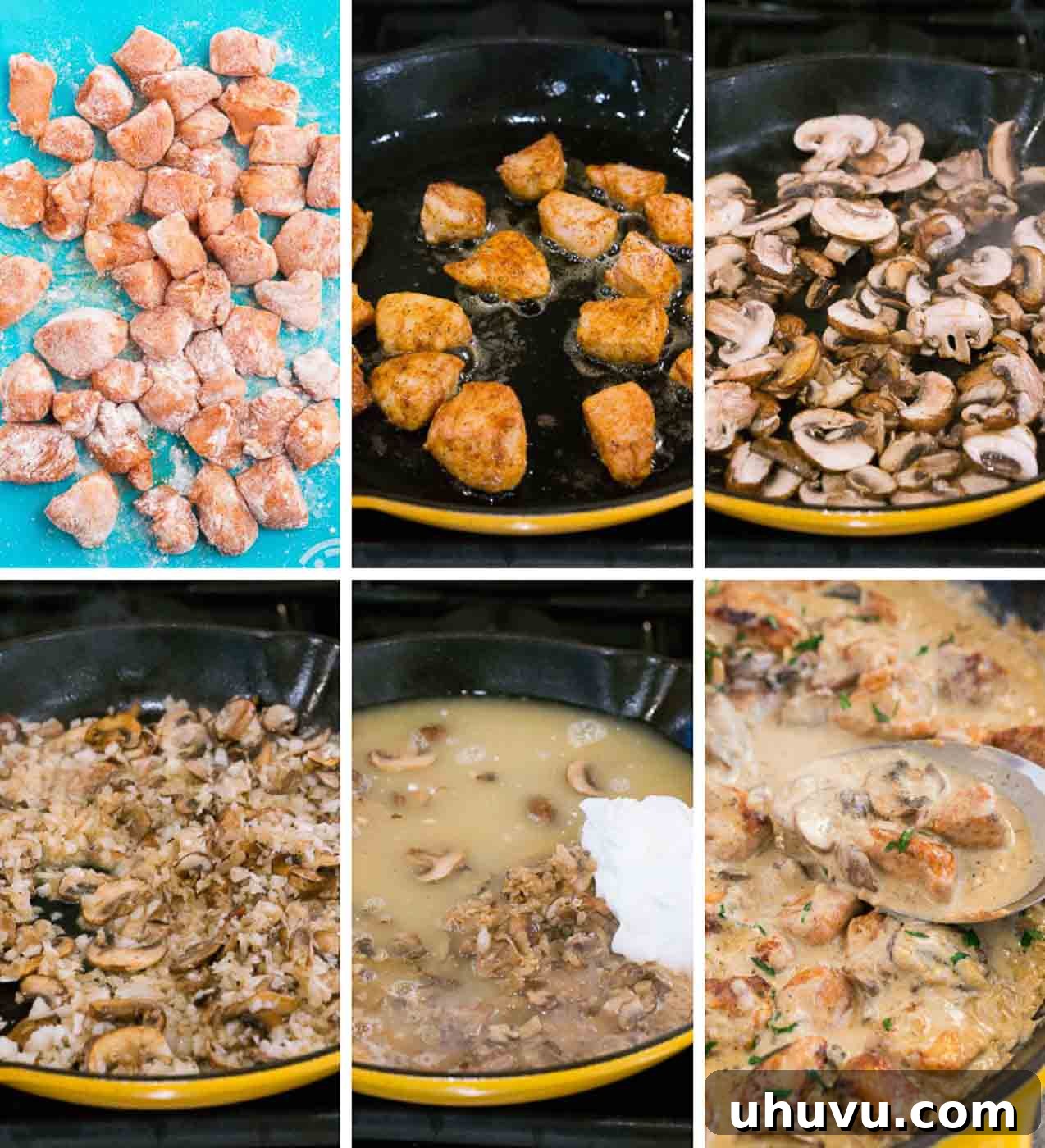 Creamy Chicken Stroganoff 5 Step-by-step process shots showing how creamy chicken stroganoff is made in a single skillet, highlighting key cooking stages.