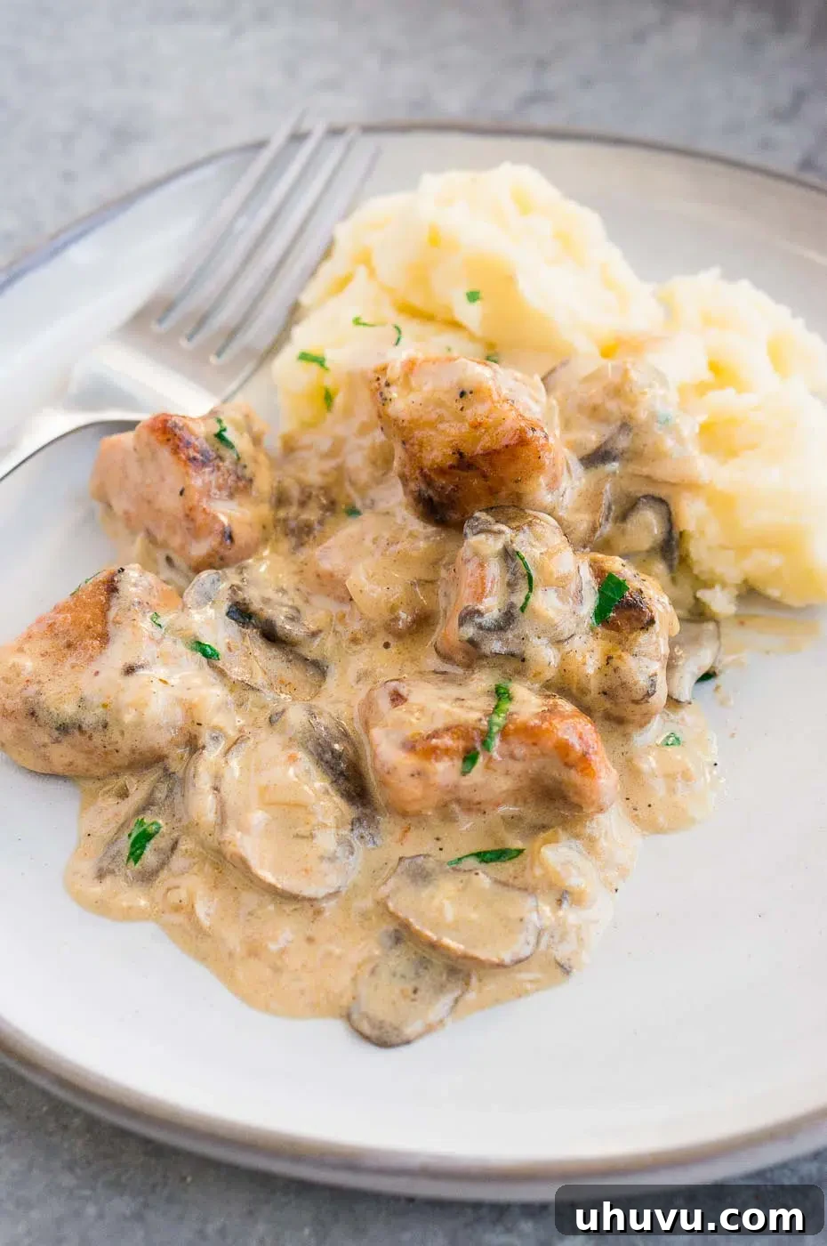 Creamy mushroom chicken stroganoff served elegantly over a bed of fluffy mashed potatoes on a white plate, garnished with herbs.
