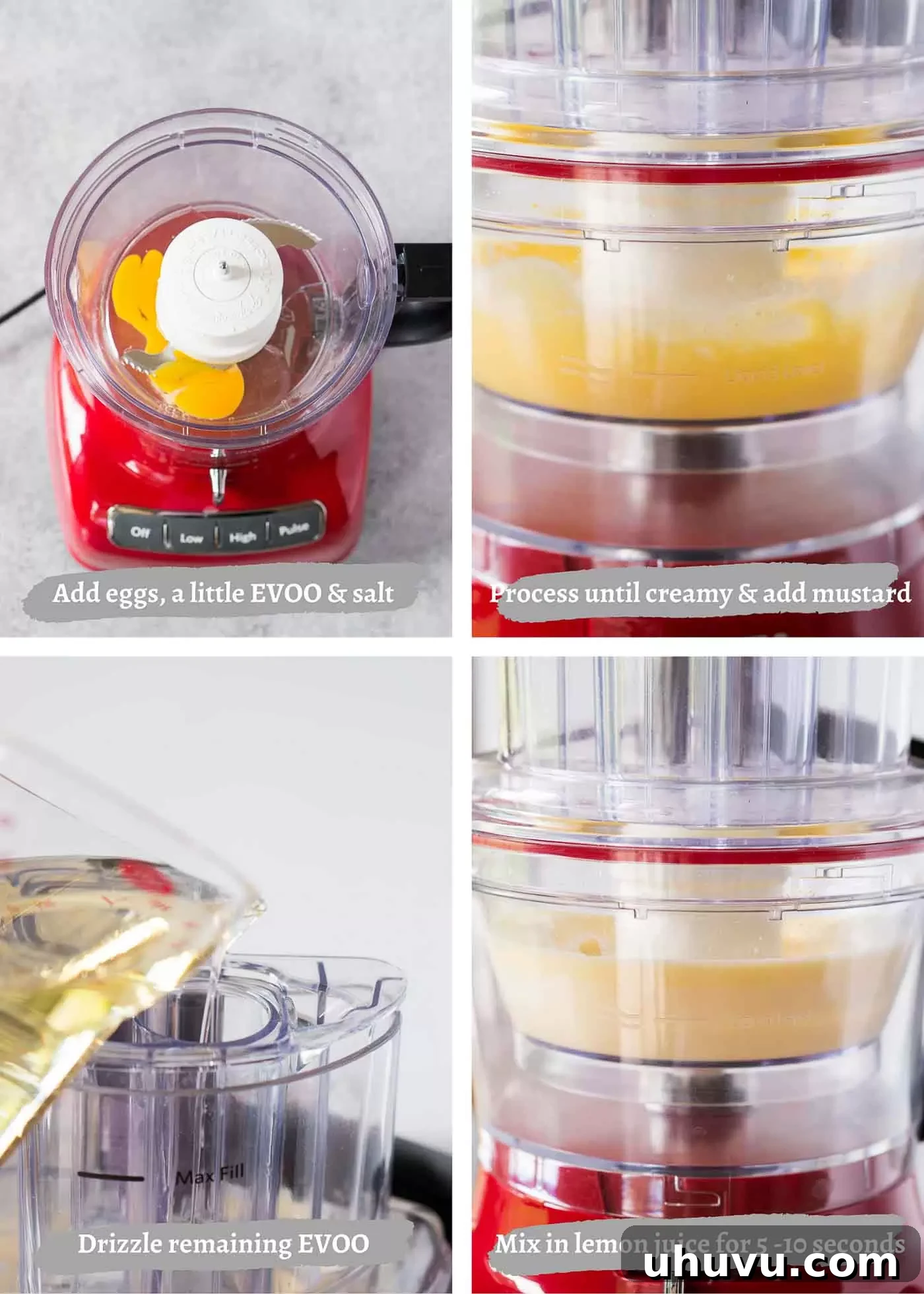 A sequence of three images showing the process of making mayonnaise in a food processor, from initial ingredients to the final thick consistency.