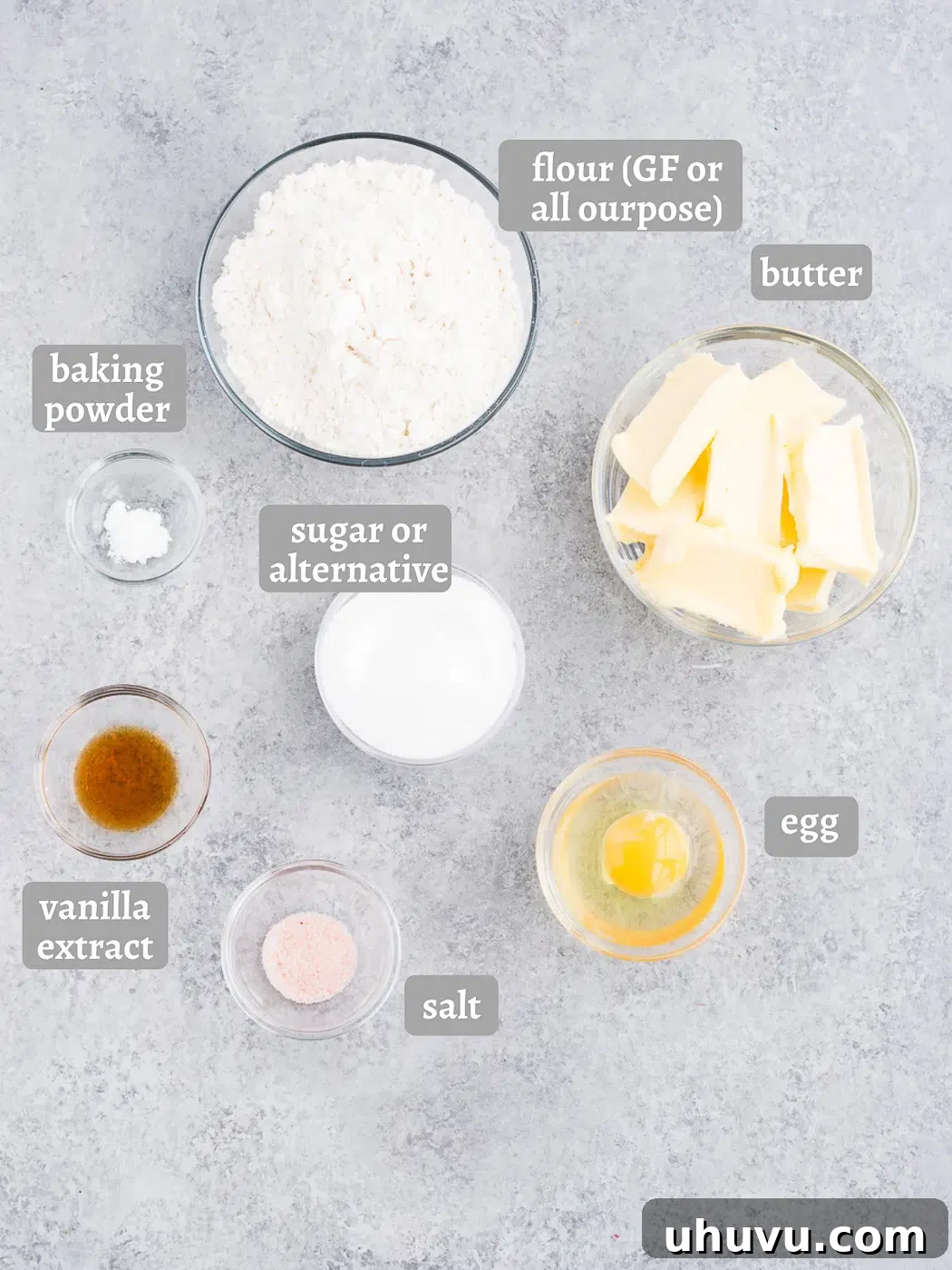 Ingredients for shortbread crust laid out on a surface