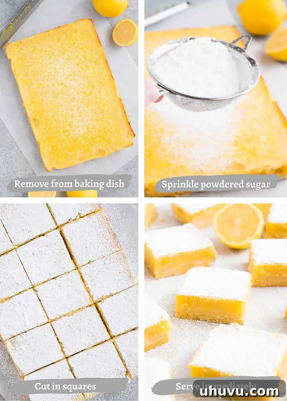 Dusting lemon squares with powdered sugar and cutting into squares