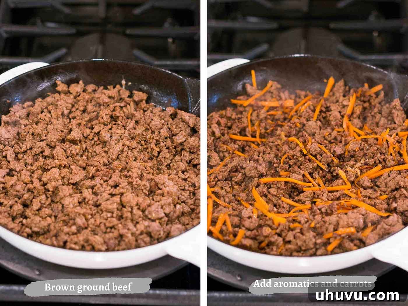 Cooking Korean ground beef with carrots in a large skillet on a stovetop