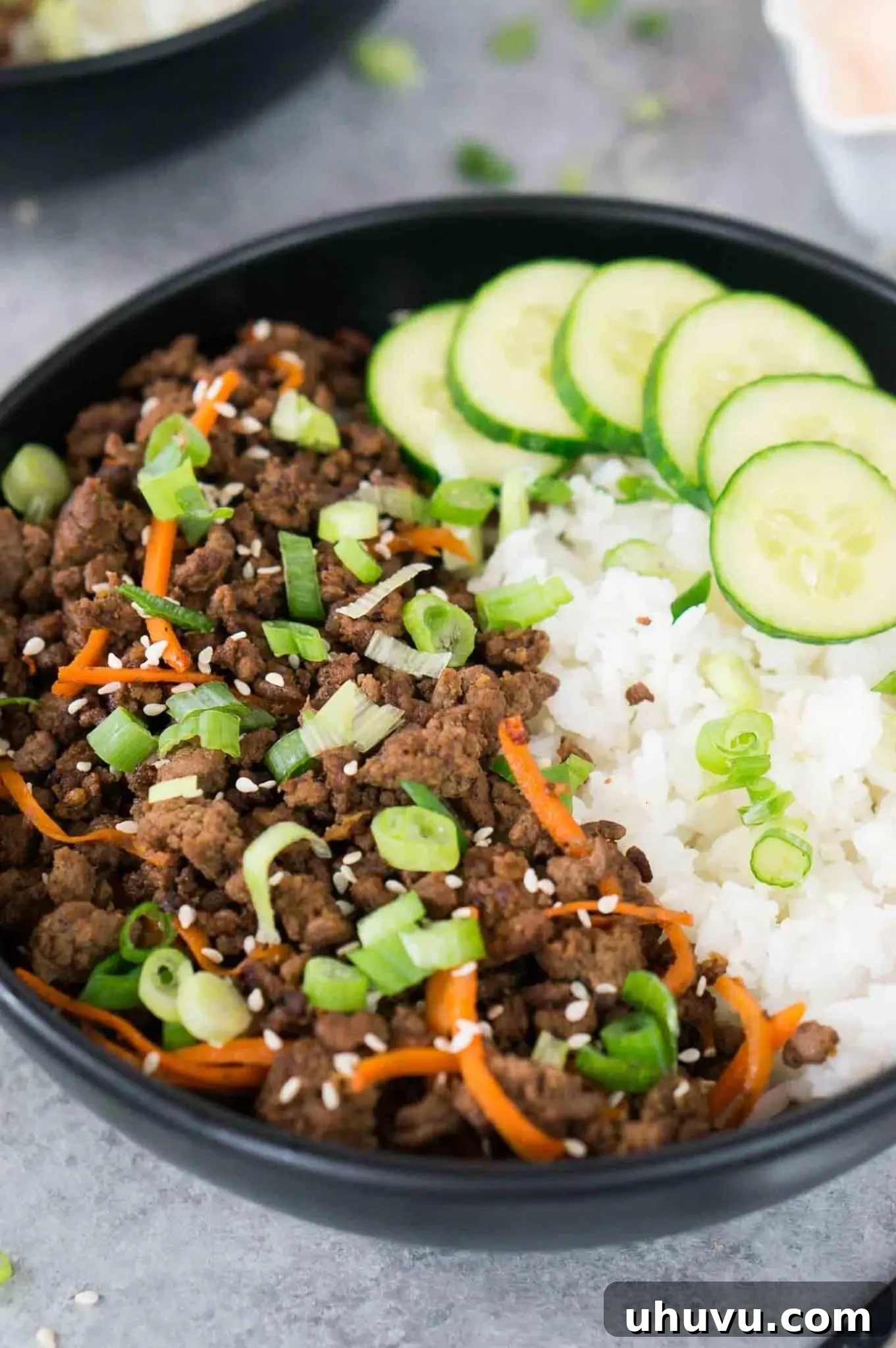 A perfectly portioned Korean beef and rice bowl ready to be enjoyed