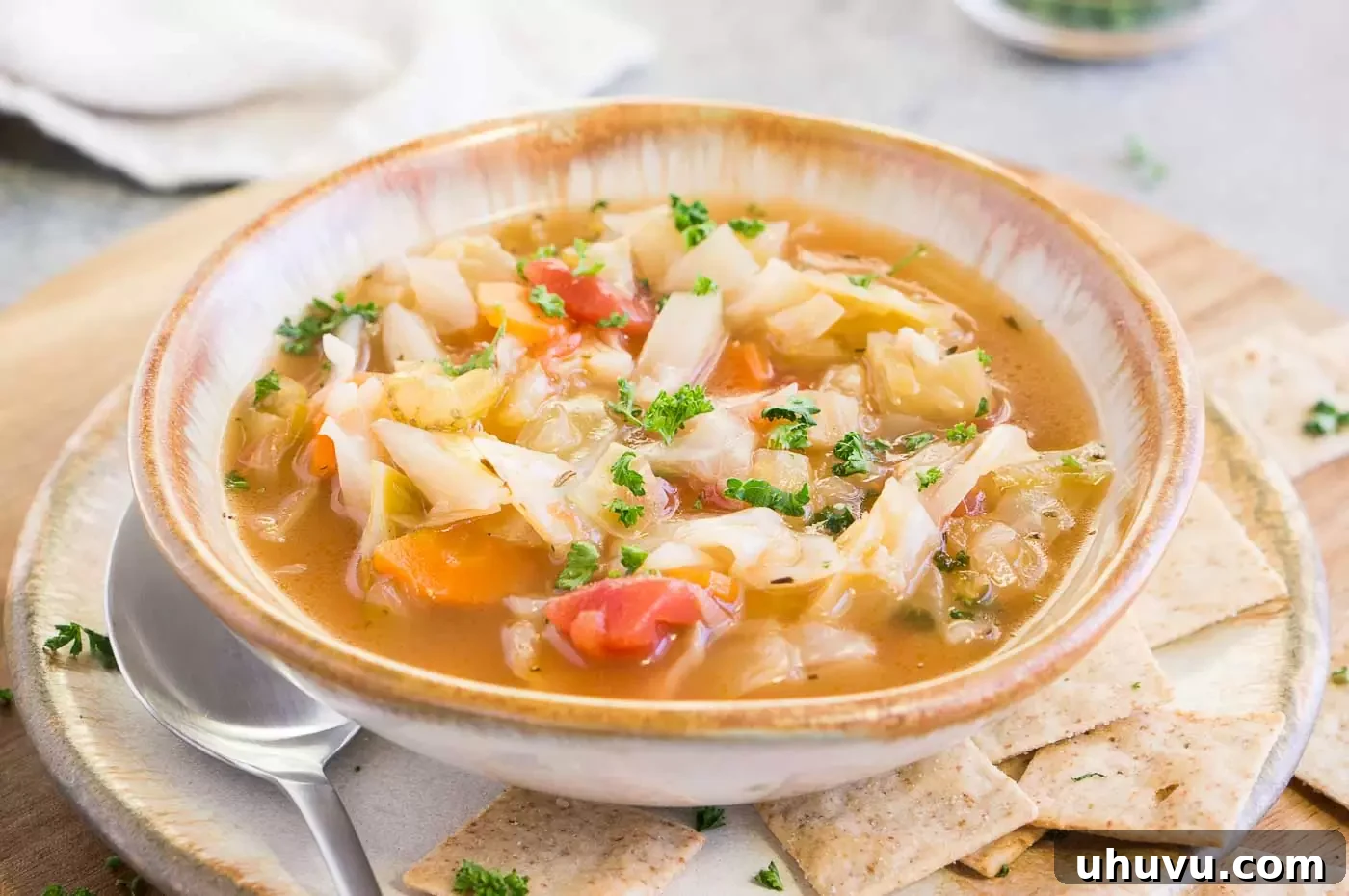 a bowl of cabbage soup with crackers, a perfect hearty vegetable soup
