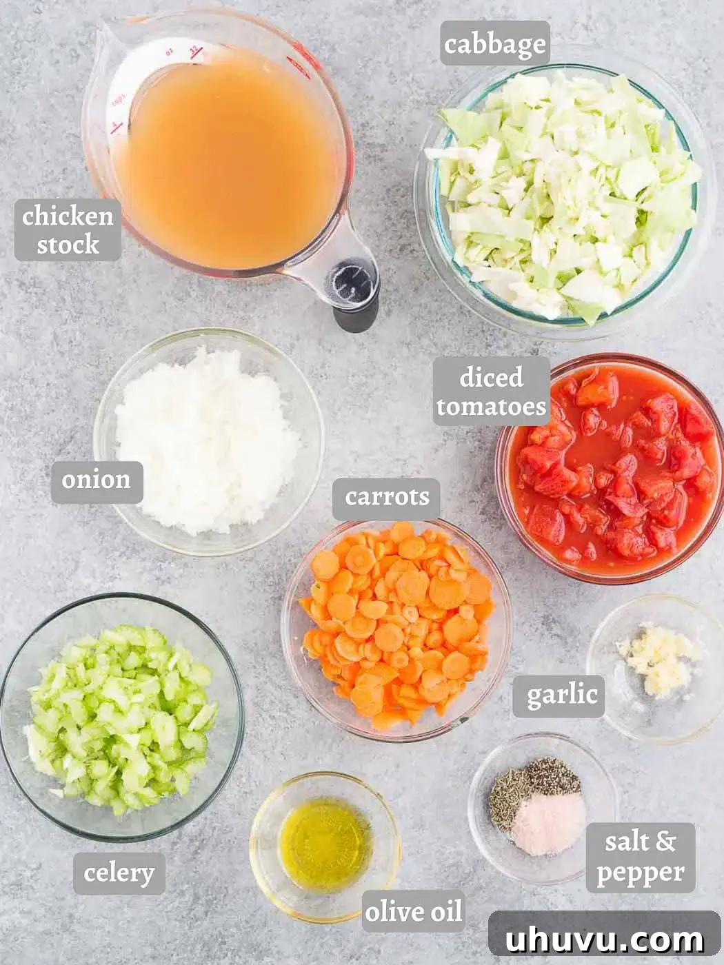 ingredients for cabbage soup recipe, fresh vegetables and spices