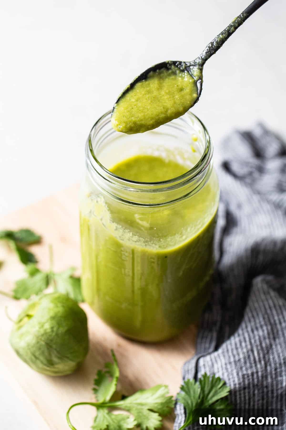 Zesty Green Enchilada Sauce 7 Freshly made green enchilada sauce in a glass jar, perfectly smooth and ready to be stored