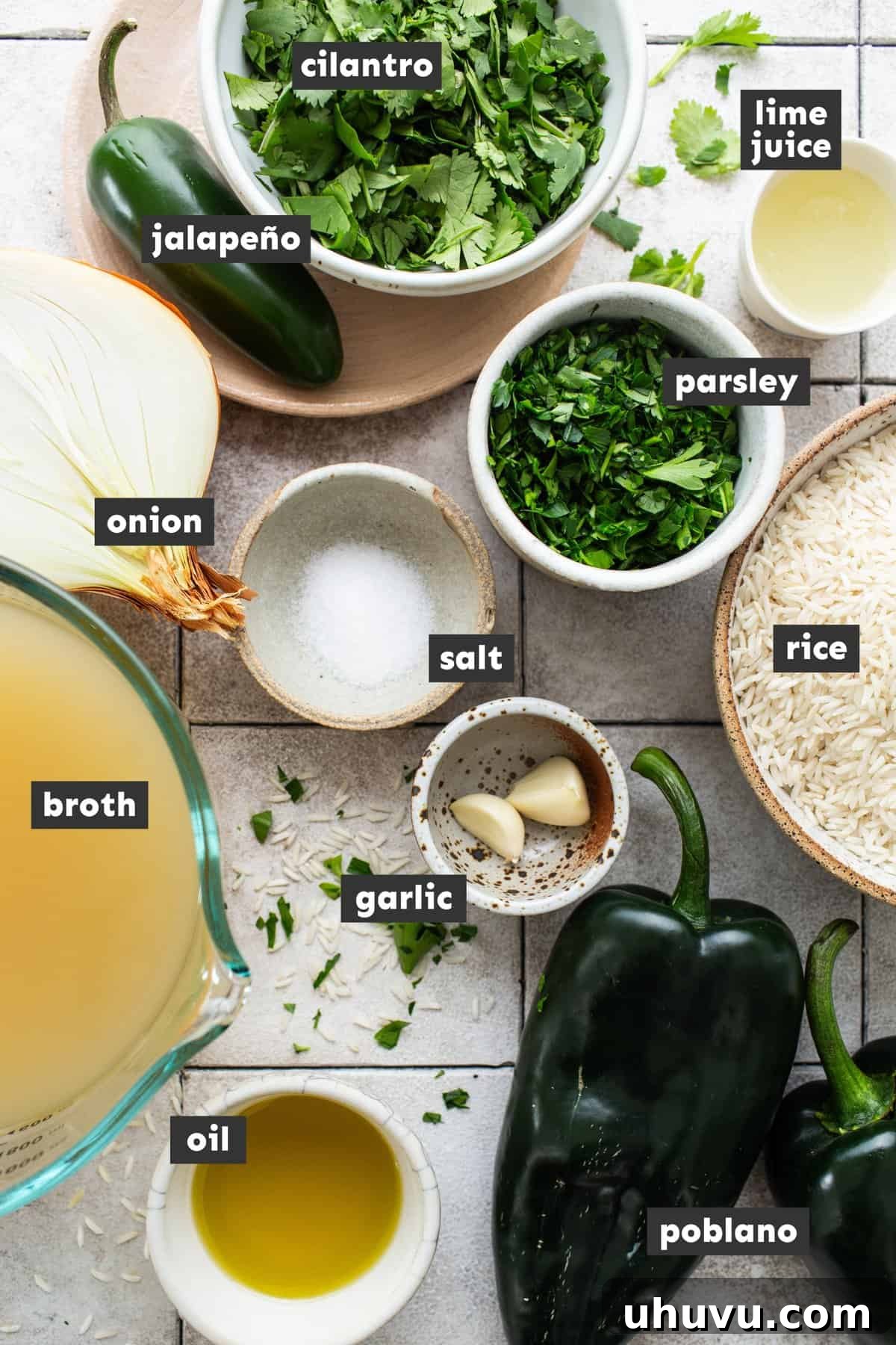Zesty Green Rice 3 Fresh ingredients for Arroz Verde, including poblano peppers, jalapeño, cilantro, parsley, onion, garlic, and rice, neatly arranged on a table.