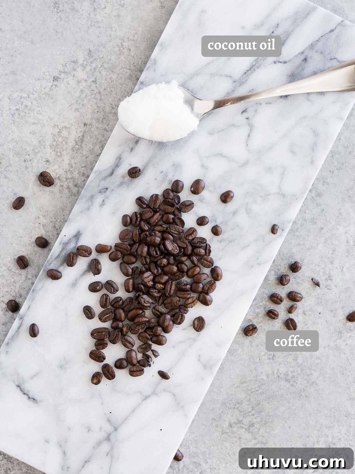 Unstoppable Morning Fuel 4 Ingredients laid out for making bulletproof coffee, including coffee beans and coconut oil