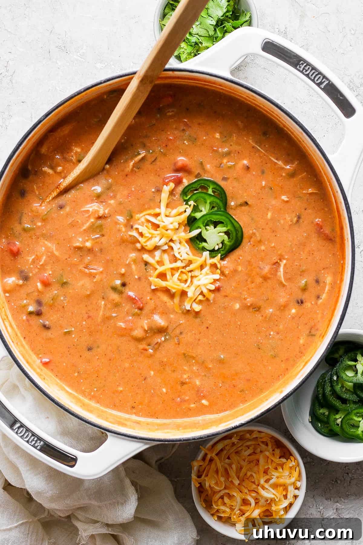 Enchilada Chicken Fiesta Bowl 8 Chicken enchilada soup in a pot ready to eat.
